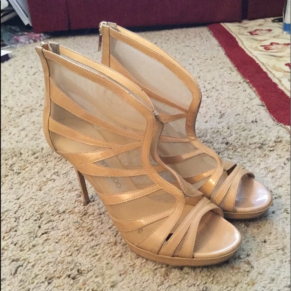 Jimmy Choo Shoes - JIMMY CHOO MESH NUDE TAN CAGE SANDALS PEEP PUMPS